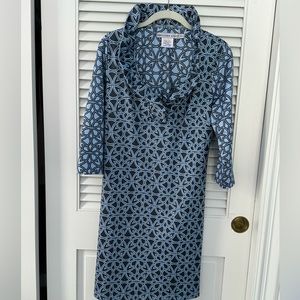 Gretchen Scott ruffle collar stretch dress blue slate tile design size med nwot
